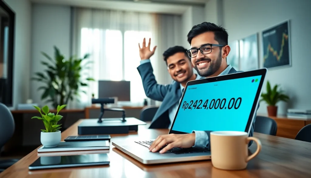 Successful withdrawal celebration on BOX138 platform showing Rp 2.424.000,00 in a modern office.