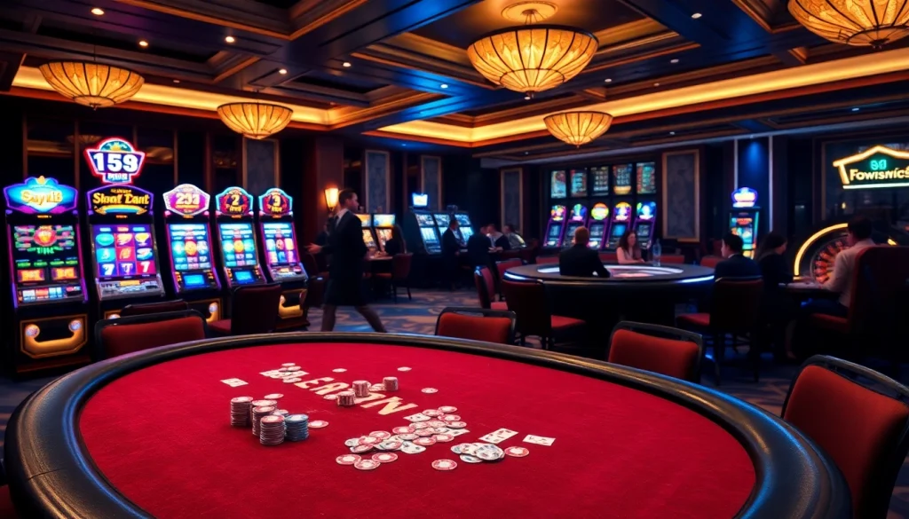 Engaging casino scene with a say88-themed poker table and vibrant slot machines.