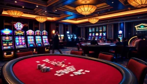 Engaging casino scene with a say88-themed poker table and vibrant slot machines.