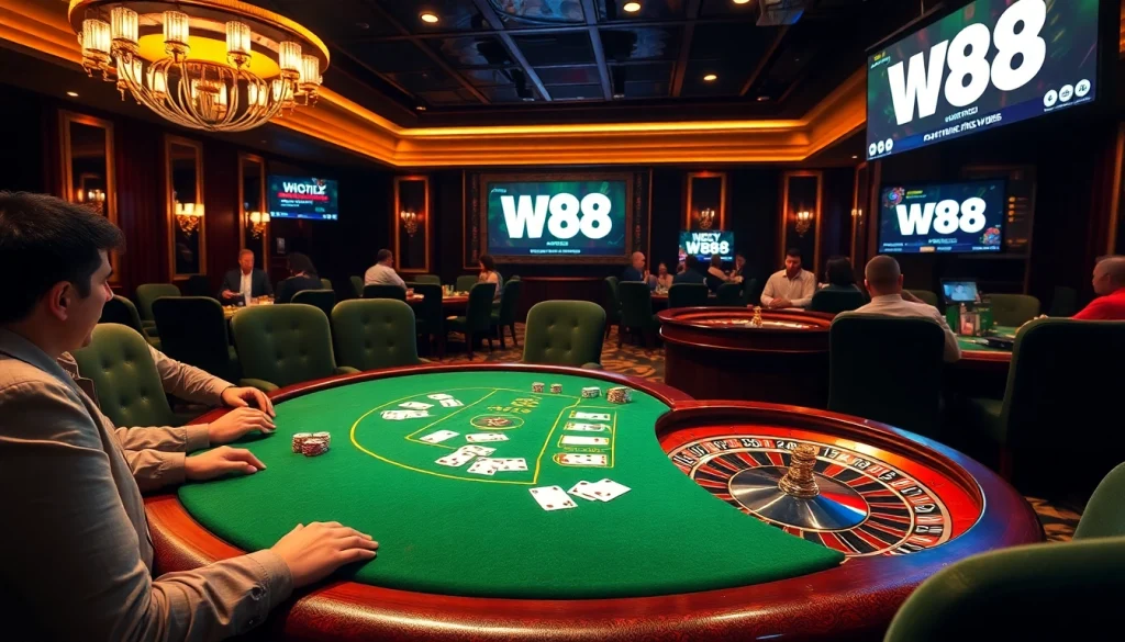 Cảnh casino hấp dẫn cho thấy liên kết W88 tại bàn poker với chip và lá bài.