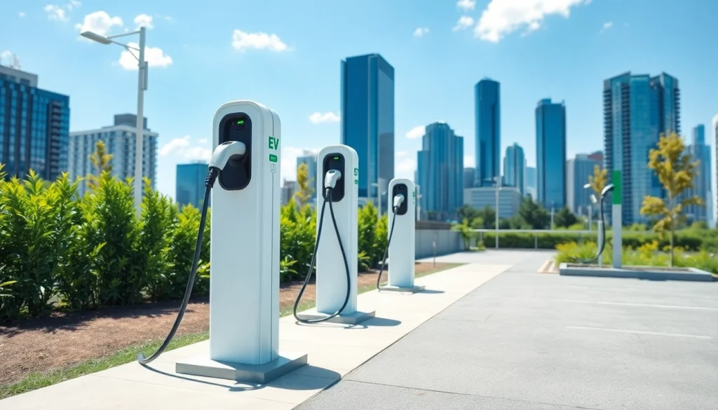 Showcase of EV charging news with multiple charging stations highlighted in a vibrant city.