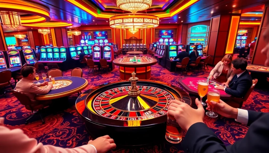 Casino QH88 bustling scene highlighting players winning at poker tables with roulette wheel in background.