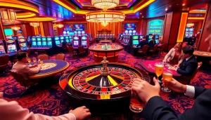 Casino QH88 bustling scene highlighting players winning at poker tables with roulette wheel in background.