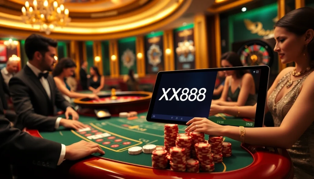 Gamblers enjoying baccarat action at XX88 casino table with vibrant atmosphere.