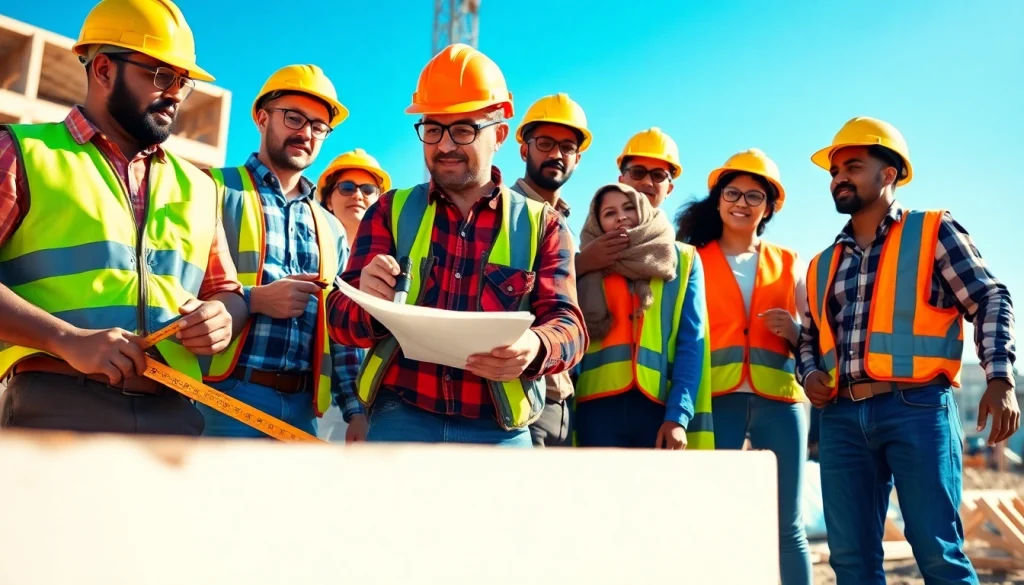 Explore careers in construction through a diverse team actively engaged on a building site.