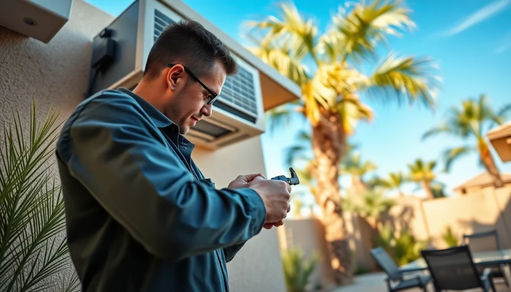 Servicing a Scottsdale AC unit in a beautiful outdoor setting showcasing professional HVAC work.