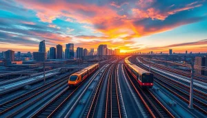 Experience the efficiency of universal rail transportation with modern trains navigating a vibrant cityscape.