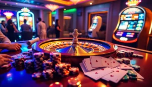 Experience the thrill of gambling at an opulent casino featuring okbay elements like cards and chips.
