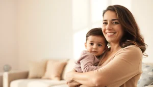 Mother sharing emotional support for moms with her child in a serene home setting.