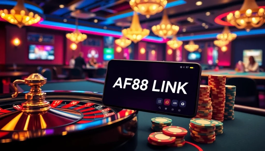Exciting casino scene featuring roulette and poker players, highlighting AF88 LINK for online betting.