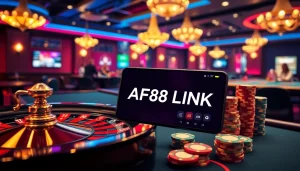 Exciting casino scene featuring roulette and poker players, highlighting AF88 LINK for online betting.