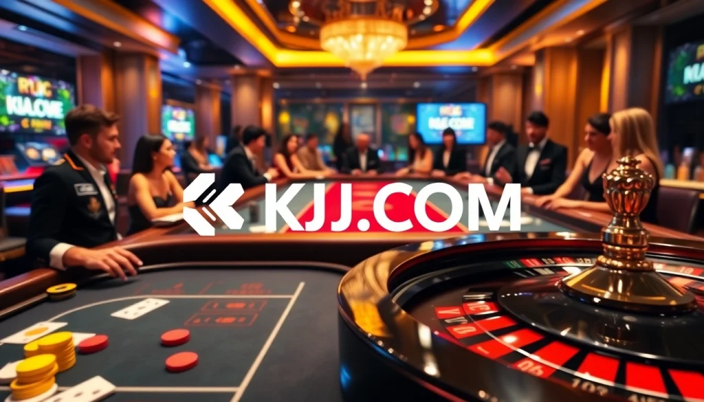 Gamblers enjoying a thrilling game at a luxurious casino table featuring KJC.COM branding.