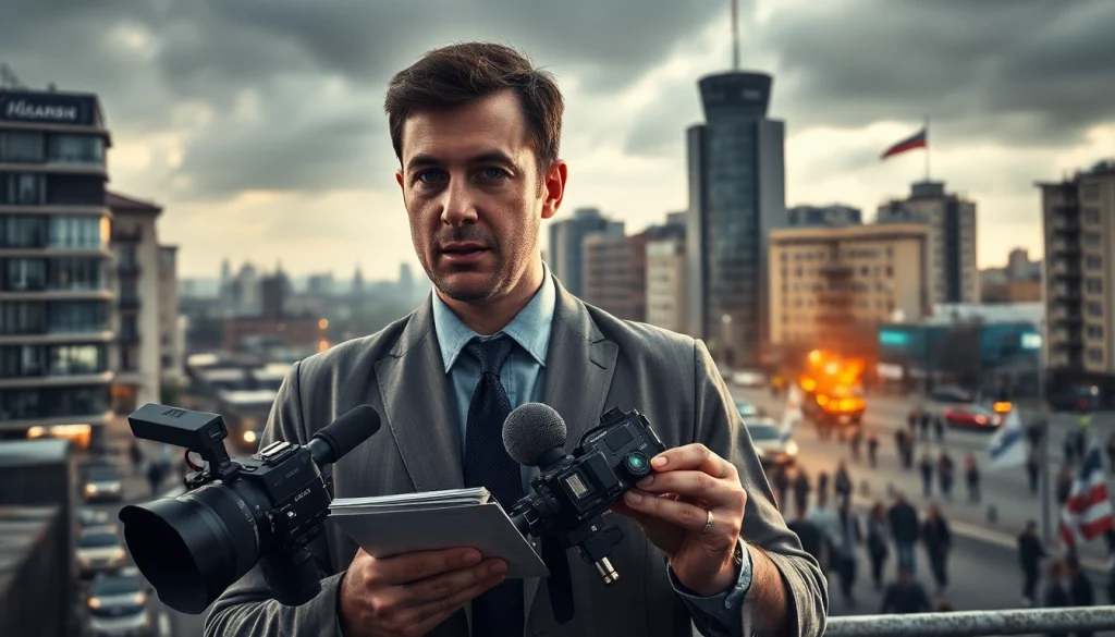 Новини з https://sumytoday.in.ua – репортер на фоні сучасного Сум, що відображає повсякденне життя.