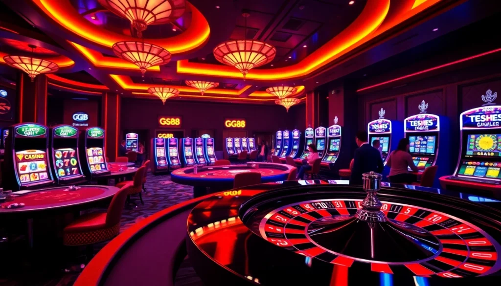 Players engaging in high-stakes gambling at GG88 casino, showcasing vibrant games and luxury.