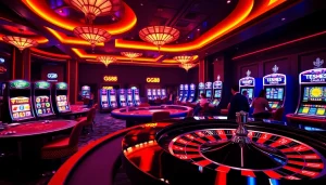 Players engaging in high-stakes gambling at GG88 casino, showcasing vibrant games and luxury.