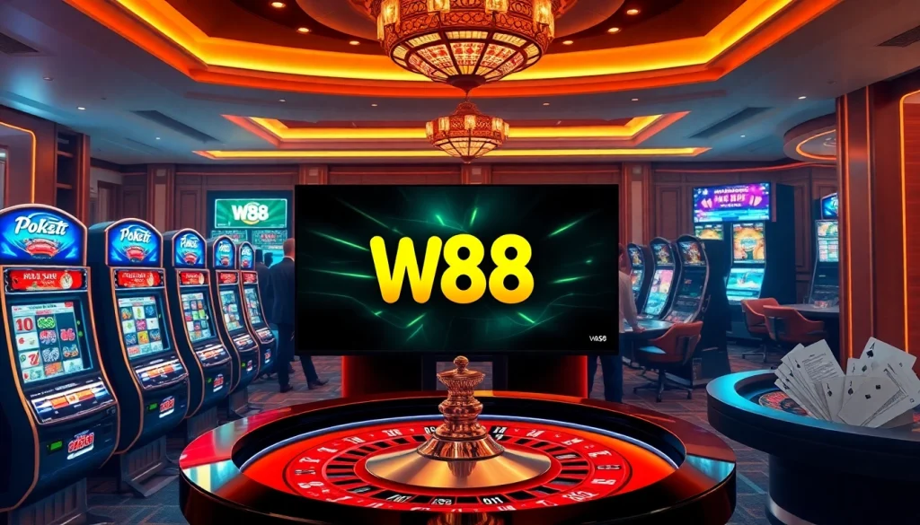 Engaging scene of gamblers enjoying various games at W88, highlighting excitement and professionalism in betting.