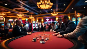 A professional poker game at MM88 casino surrounded by players and vibrant slot machines.
