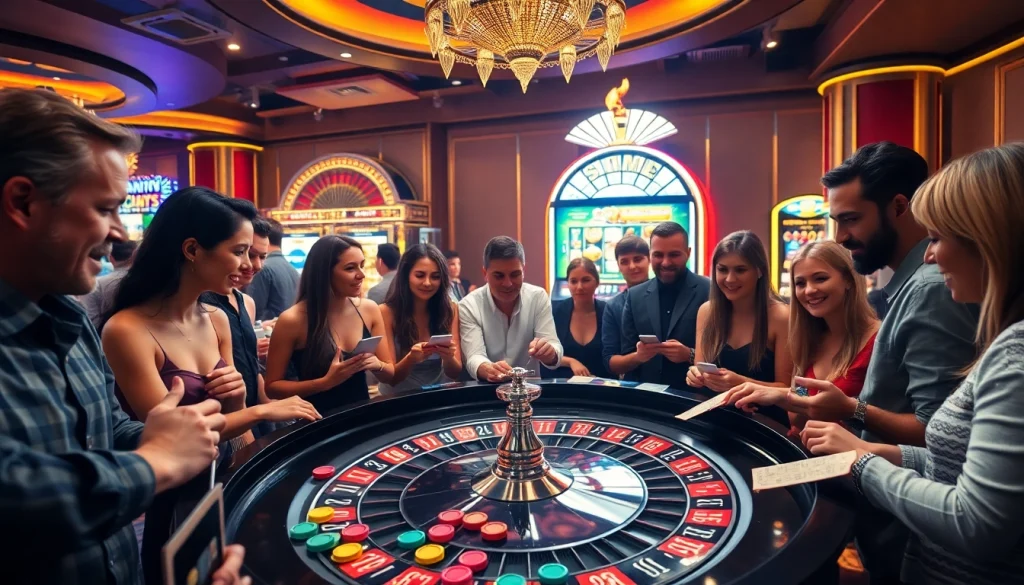 Exciting casino scene with diverse gamblers at the roulette table, capturing the energy of Nếu như vậy bám vào đây.