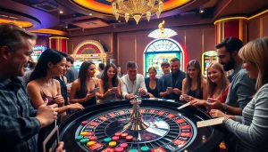 Exciting casino scene with diverse gamblers at the roulette table, capturing the energy of Nếu như vậy bám vào đây.