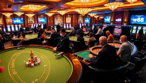 Experience the excitement of high-stakes gambling at w88 with luxurious casino tables and vibrant slot machines.