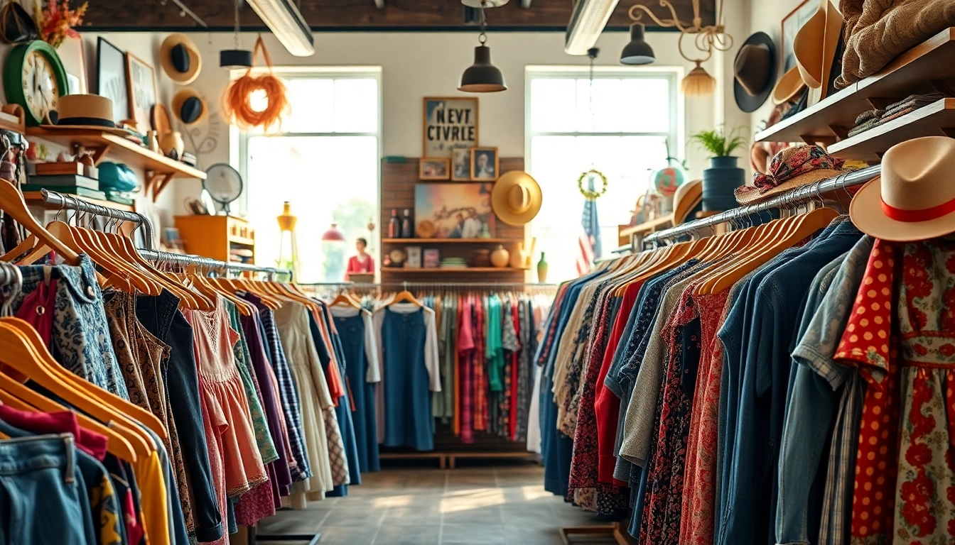 Browse unique vintage items at https://thrift-vintage.com in a colorful thrift shop setting.