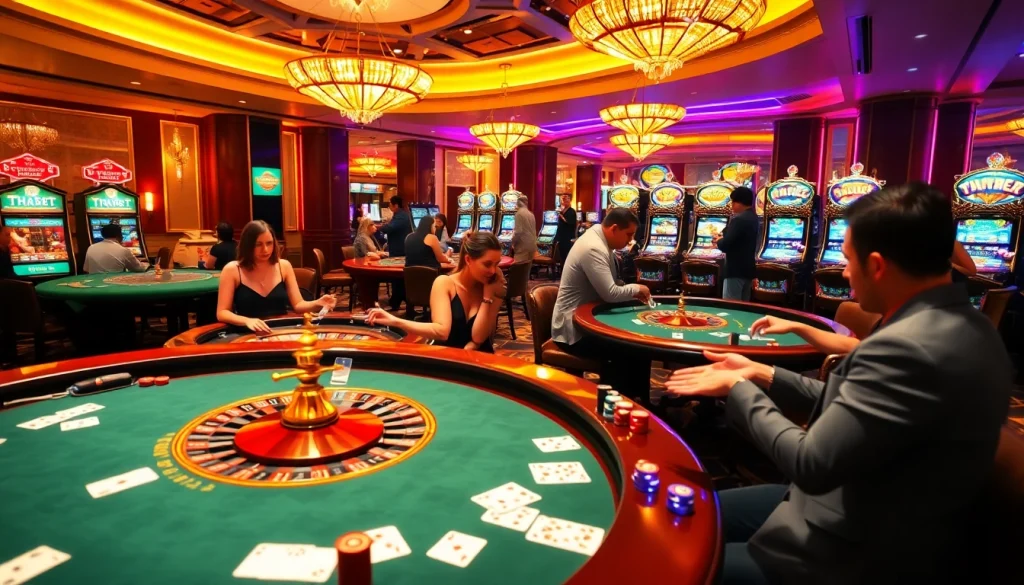 THABET players enjoy vibrant casino games at elegantly designed tables with chips and cards.