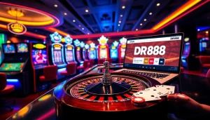 Exciting gambling scene with DR88 nhà cái uy tín, featuring poker chips and a roulette wheel.