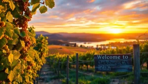 Explore Clarksburg CA's stunning vineyards at sunset with ripening grapes and rolling hills.