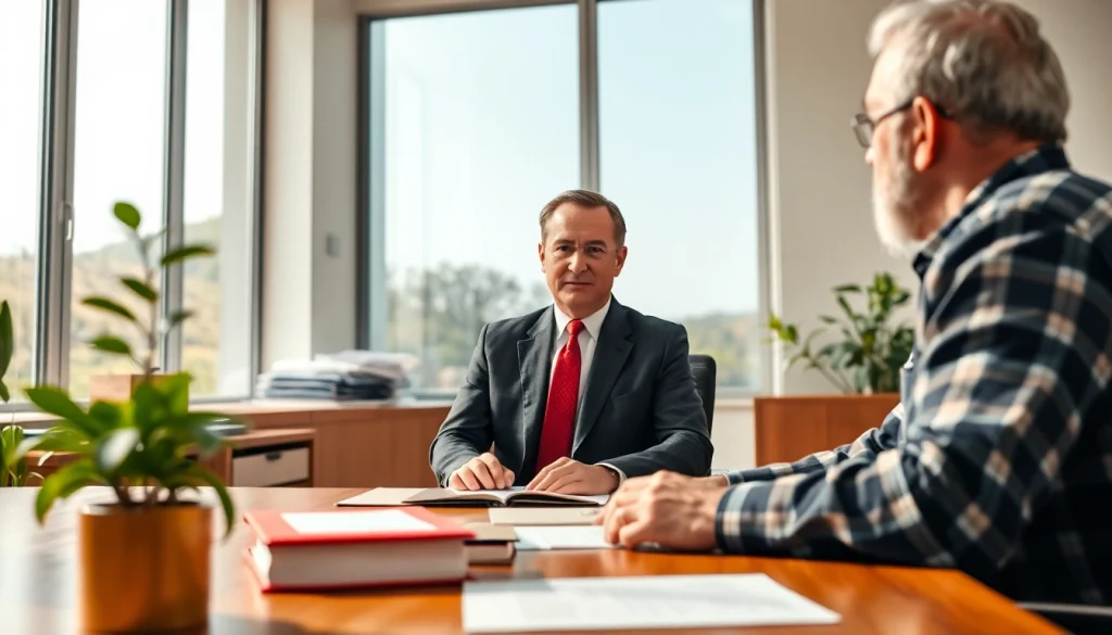 Agricultural law professional consulting with a farmer in a bright office setting.