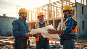 Workers engaging with a blueprint at a construction site in North Carolina, representing the construction association north carolina.