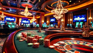 Engage in thrilling gaming at Okwin with vibrant casino elements and excited players.