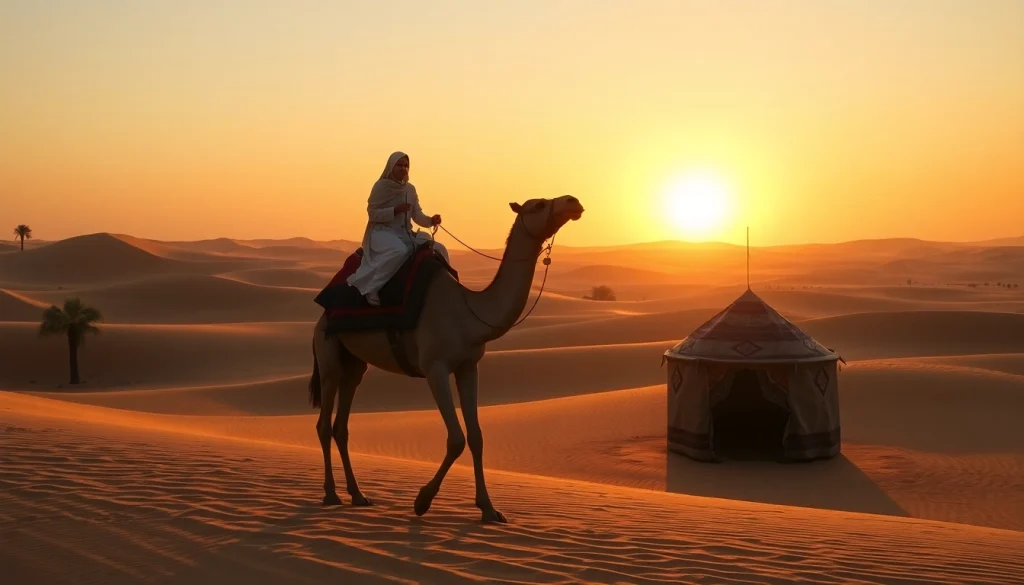 Camel ride Marrakech at sunset across golden Agafay Desert dunes, showcasing cultural beauty.