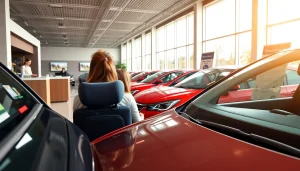 Chirie auto services at a modern rental office in Chișinău with happy families choosing cars.