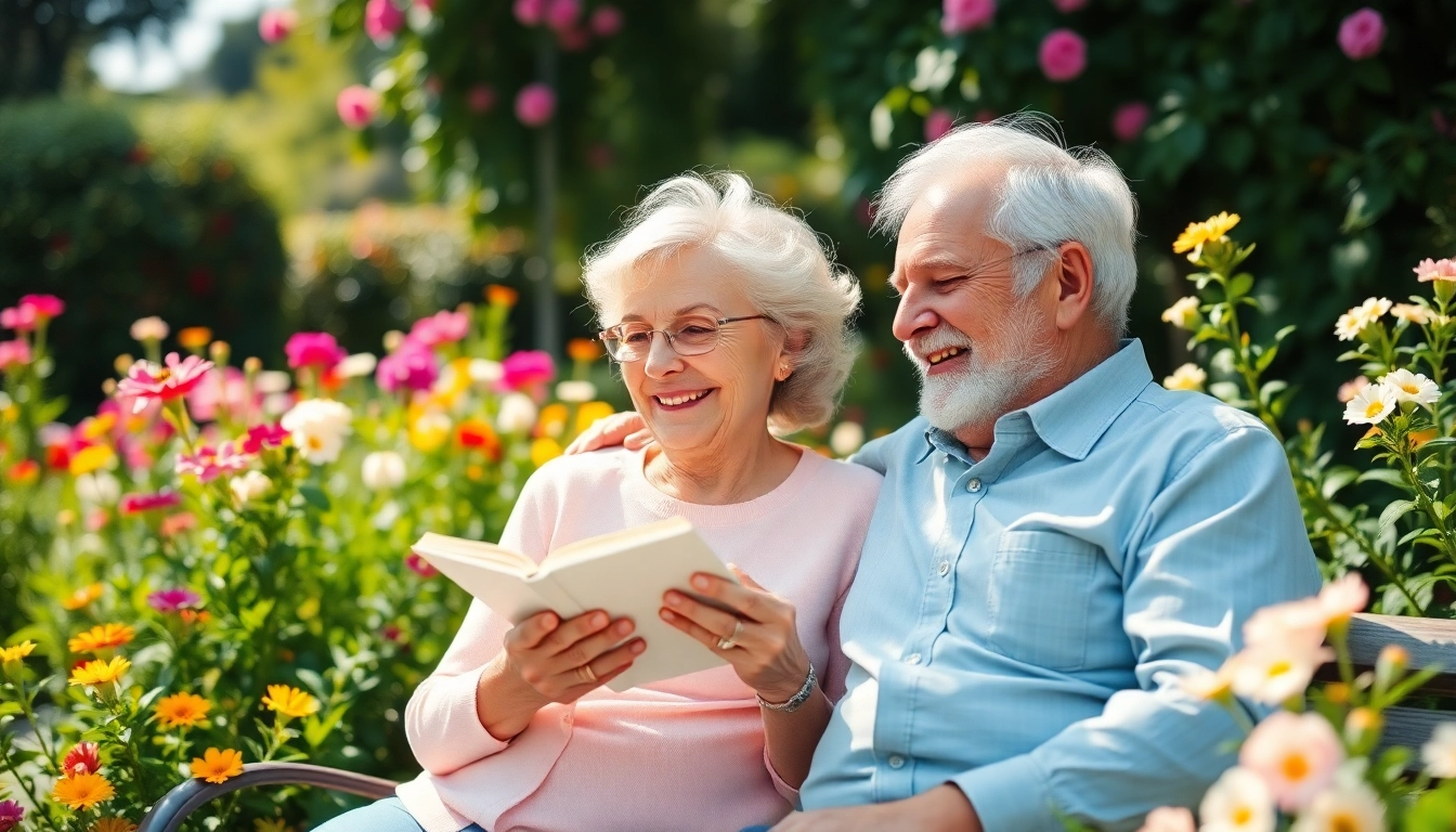 Engaged elderly couple enjoying life at https://frontidas.com in a beautiful garden.