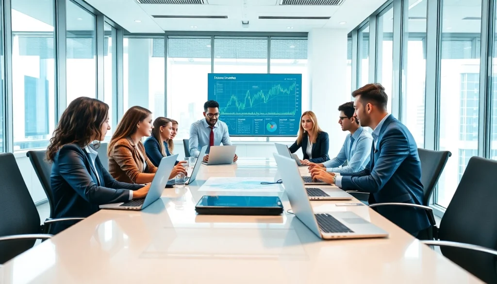 Business team collaborating on logo ik strategies in a modern office.