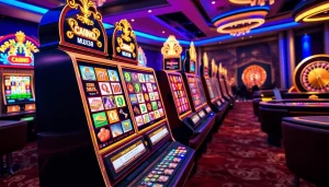 Excited player enjoying a MUJI138 slot machine experience in a vibrant casino atmosphere.