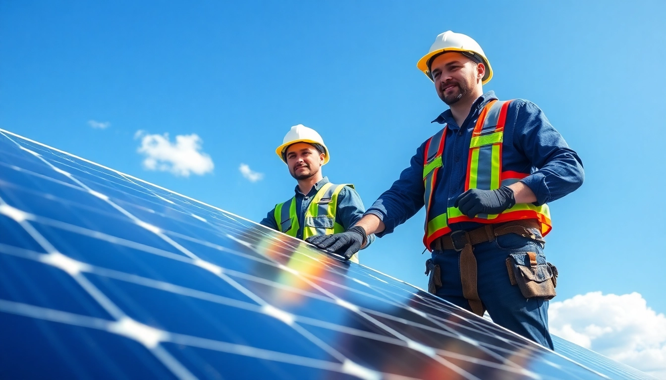 Technicians engaging in skilled labor for energy sector while maintaining solar panels outdoors.