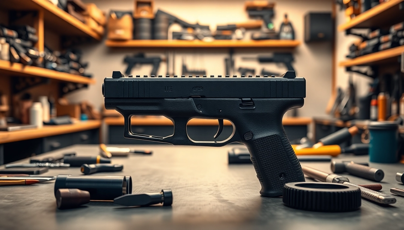 Assembling a polymer 80 glock 19 frame with detailed tools on a workbench.