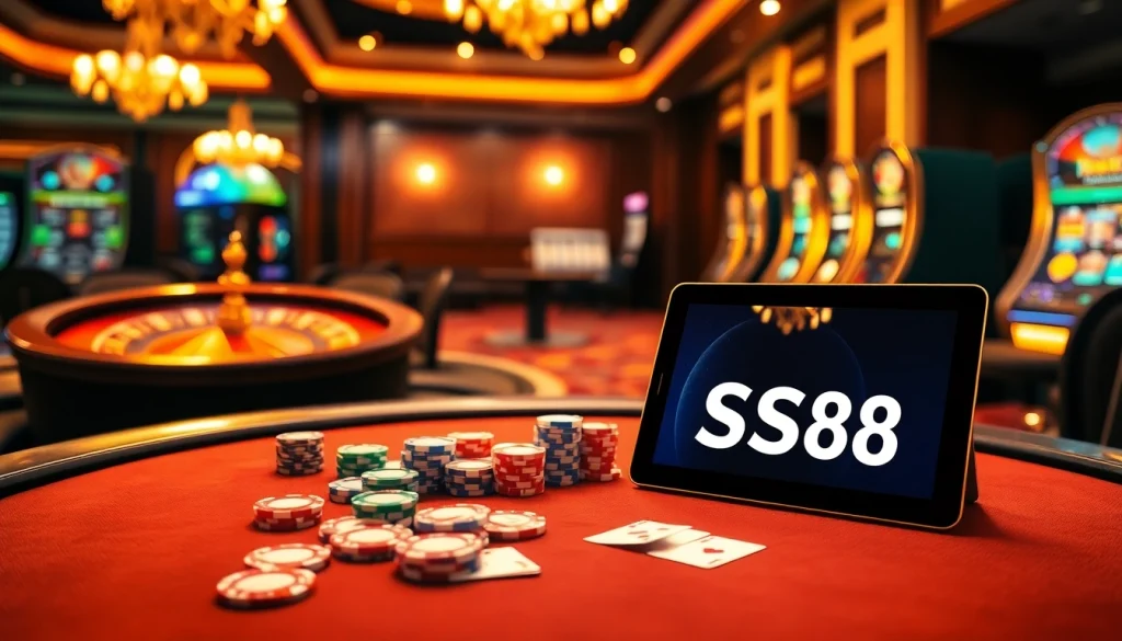 Engaging gamblers at S8's luxurious online casino with vibrant poker table and roulette wheel.
