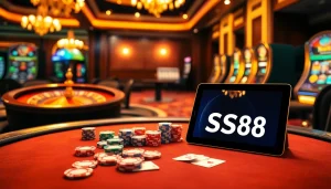 Engaging gamblers at S8's luxurious online casino with vibrant poker table and roulette wheel.