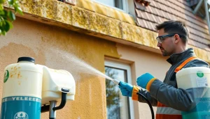 Čiščenje fasad v akciji, ki poudarja okolju prijazne tehnike za učinkovito odstranjevanje alg in plesni. Prikazan je servis čiščenja fasad.