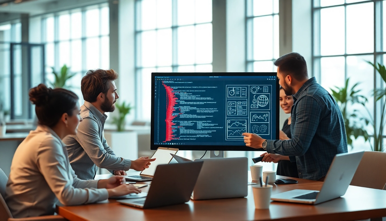 Collaborative app development team working on software projects in a modern office.