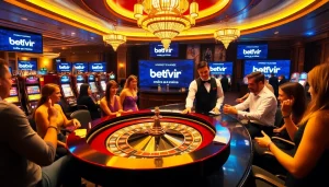 Người chơi tận hưởng các trò chơi cược cao tại một casino Betvip sang trọng, với bàn roulette và máy đánh bạc sống động.