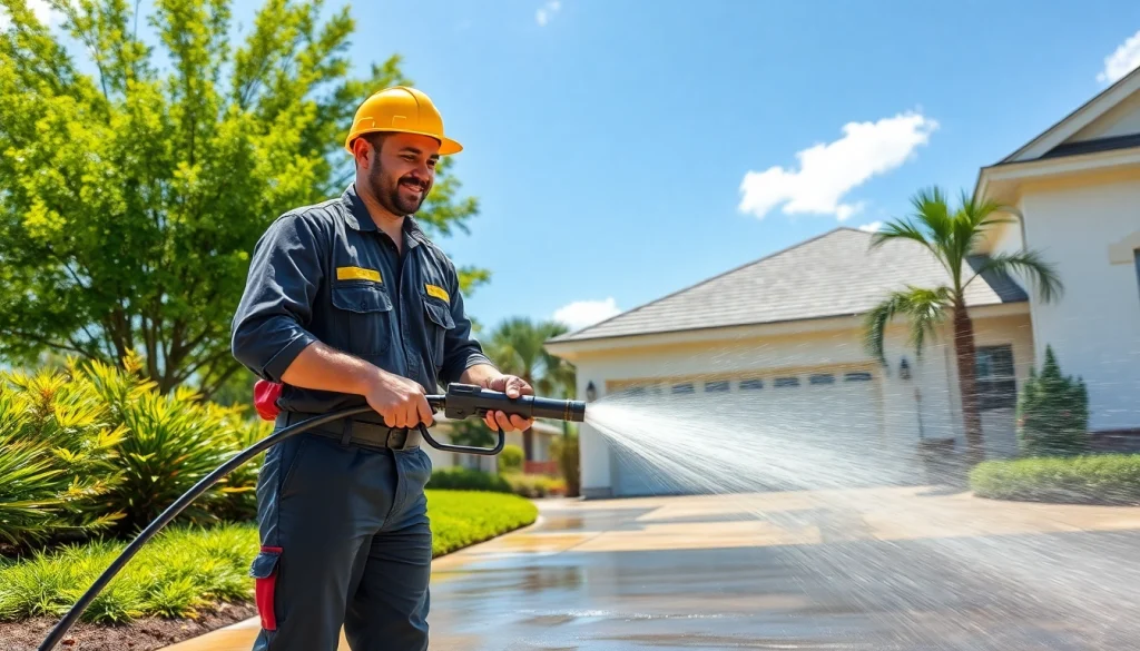 Pressure wash technician cleaning a driveway in Kissimmee, FL, showcasing effective exterior cleaning services.
