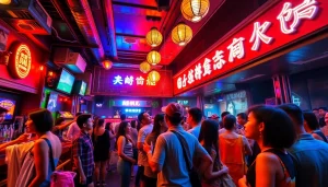 Vibrant 베트남밤문화 scene showcasing nightlife at a lively bar with colorful lights.
