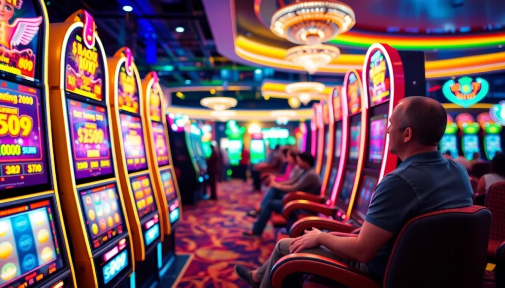 Menggambarkan slot bet kecil yang seru di kasino dengan mesin yang bersinar dan suasana penuh energi.