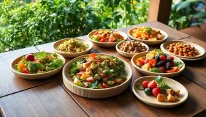 Presenting eco friendly disposable plates adorned with fresh salads and fruits on a rustic table, emphasizing sustainability.