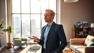 Engaging real estate agent exemplifying professionalism and knowledge in a modern office setting.