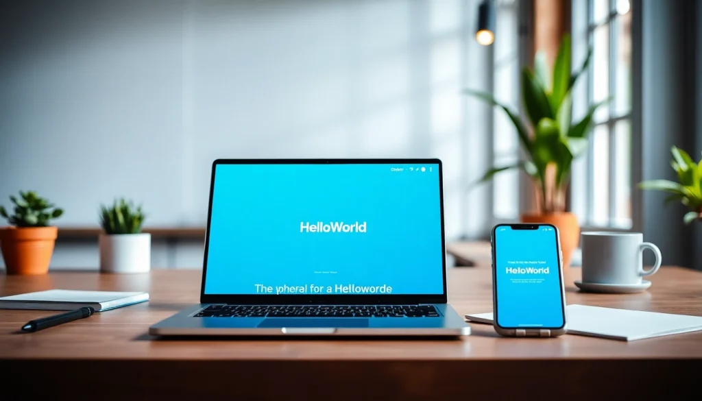 helloworld software interface on modern devices in an innovative workspace