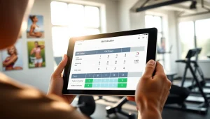 Use the bmi calculator on a tablet in a bright gym to assess body weight and health.